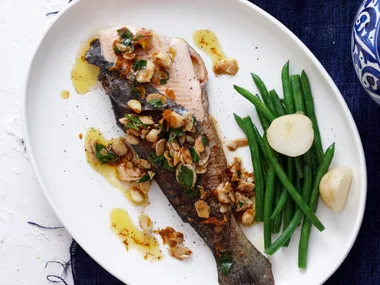 Pan-fried trout with macadamia and orange