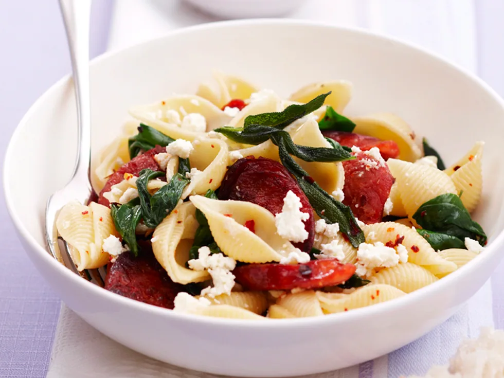 pasta with chorizo, spinach and ricotta