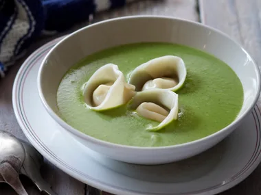 Pea and Mint Soup with Goat Cheese Tortellini