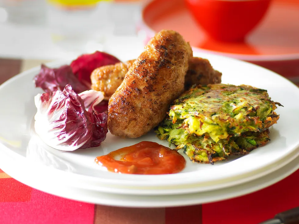 pork sausages with zucchini rosti