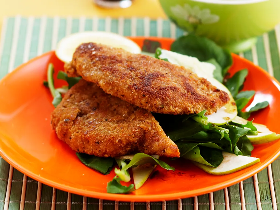 pork schnitzels with rocket salad