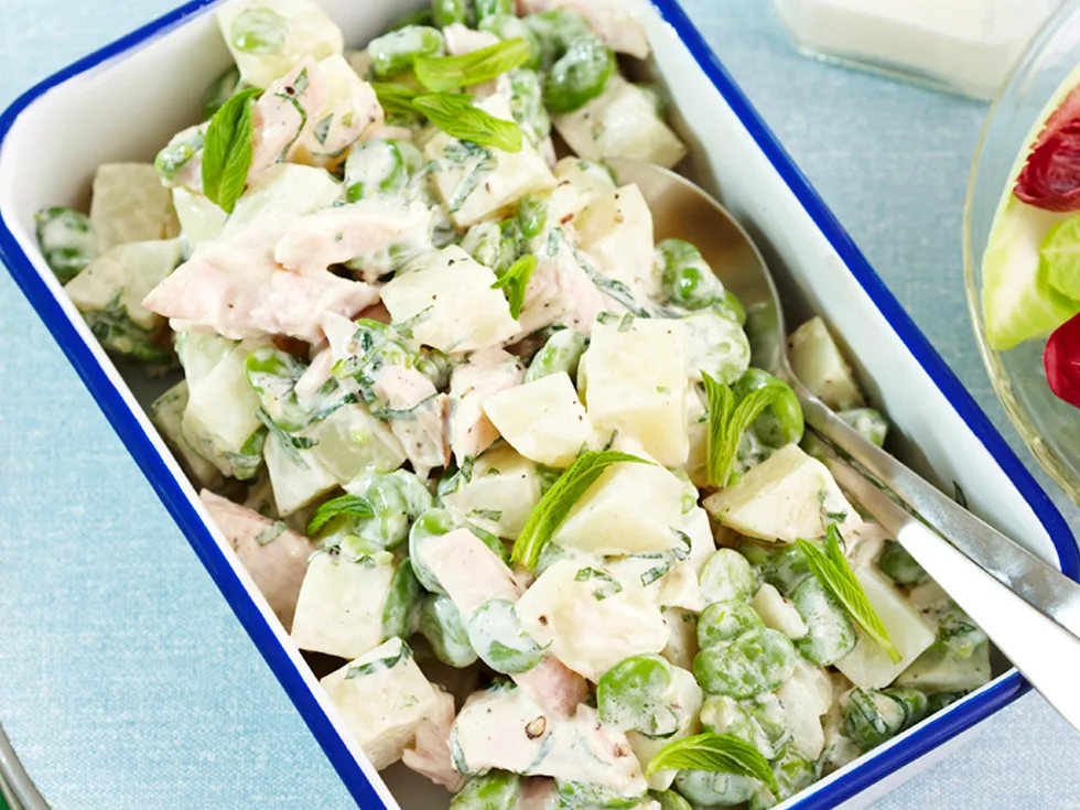 Potato, broad bean and smoked chicken salad