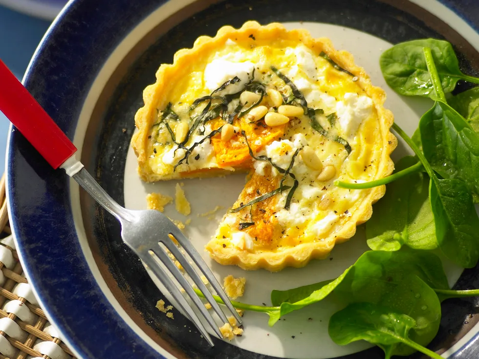 Pumpkin, feta and basil quiche