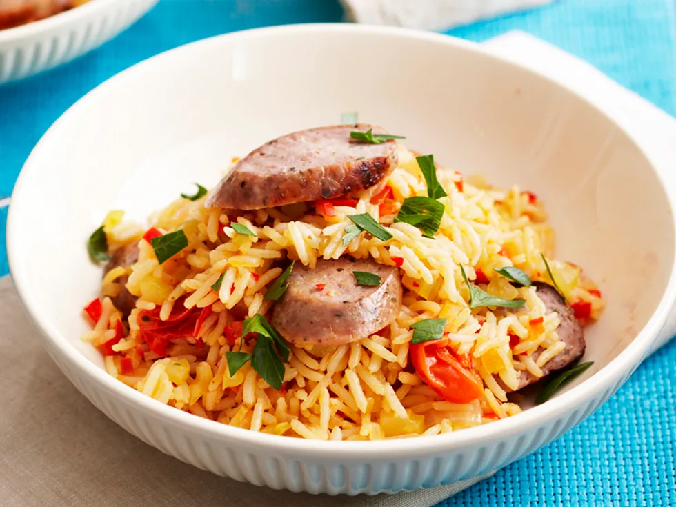 Red curry pilau with sausages