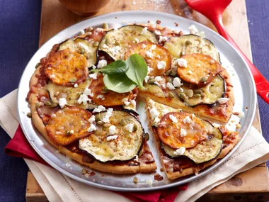 Roast pumpkin, eggplant and feta pizza
