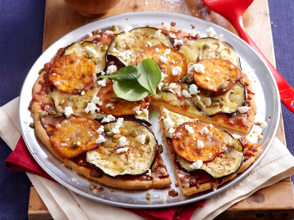 Roast pumpkin, eggplant and feta pizza