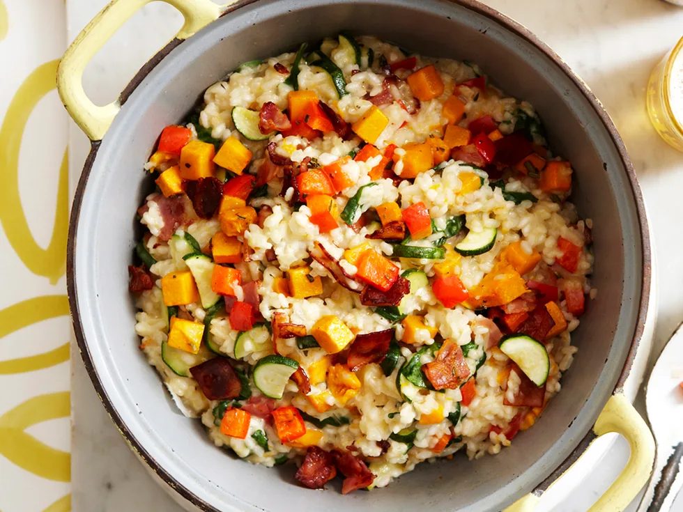 Roast veg, spinach and pancetta risotto