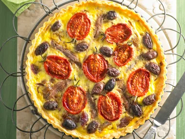 Roasted tomato, caramelised onion and olive quiche