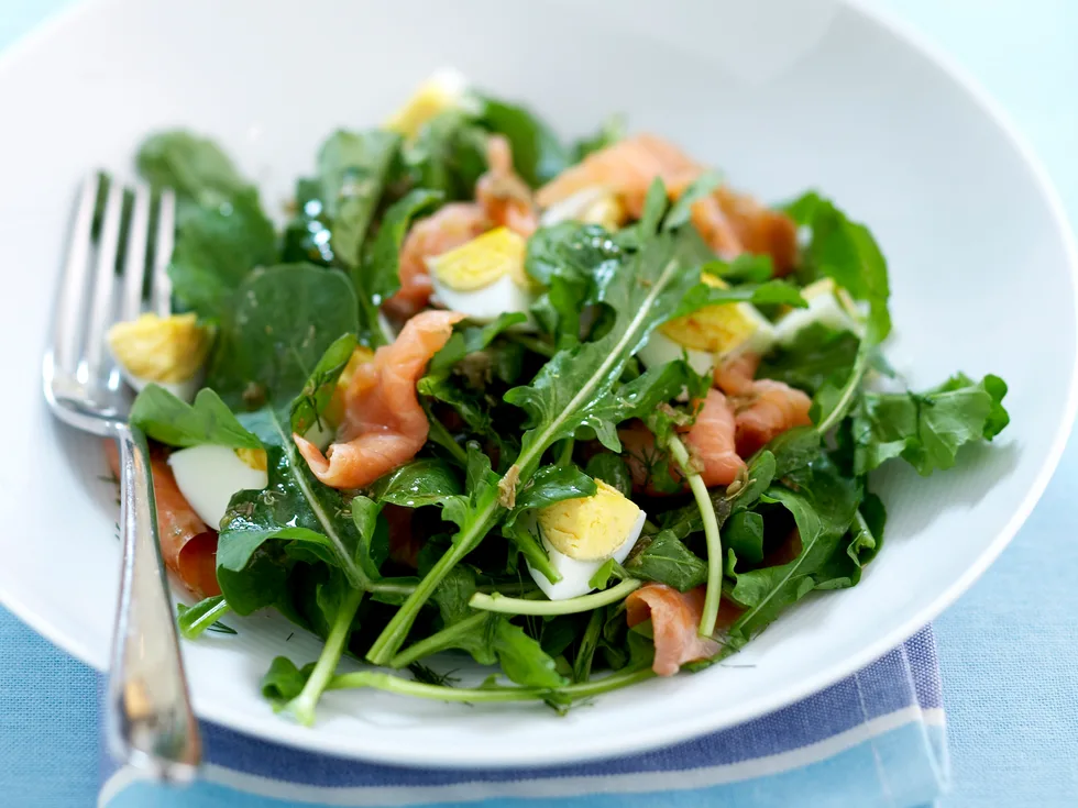 Salmon, egg and rocket salad