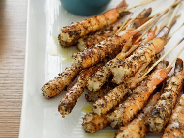 Salt and pepper prawn skewers