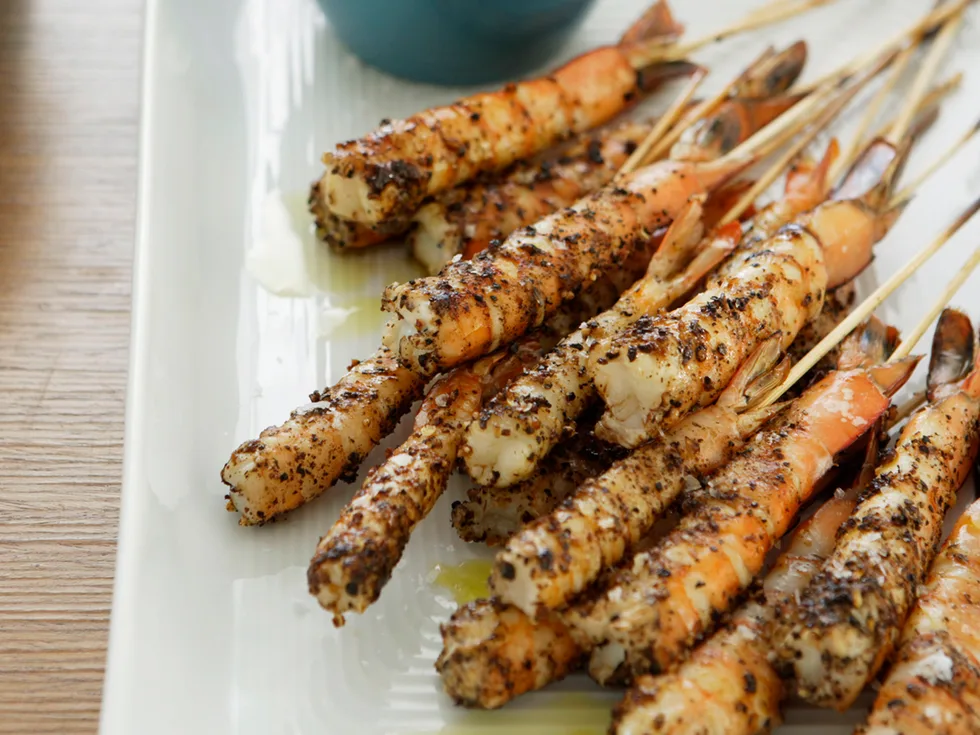 Salt and pepper prawn skewers