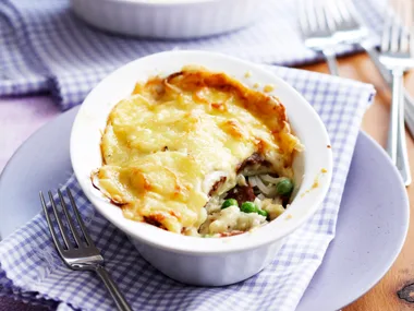 Sausage, Potato and Pea au gratin