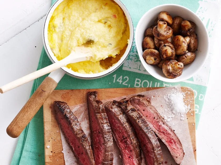 Chargrilled skirt steak with creamy olive polenta recipe