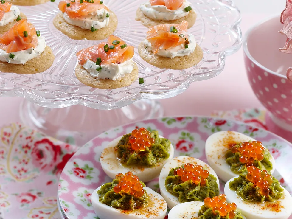 Smoked salmon blini and stuffed eggs