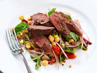 Spiced lamb with corn and chickpea salad