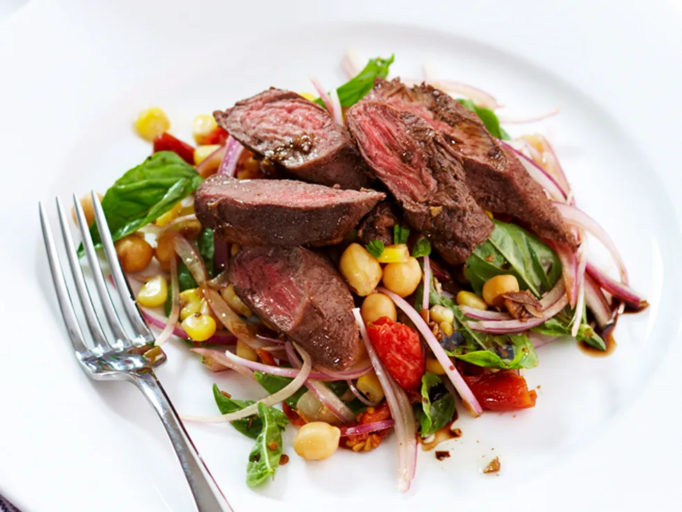 Spiced lamb with corn and chickpea salad