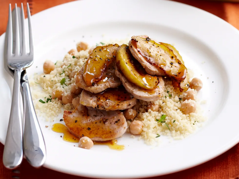 Spiced pork fillet with caramel apples and couscous