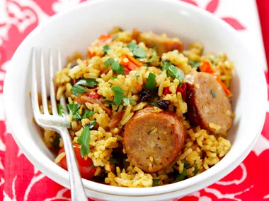 Spicy sausage and eggplant pilaf