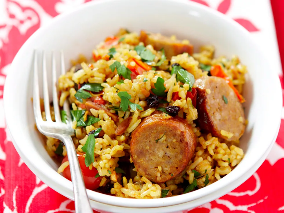 Spicy sausage and eggplant pilaf