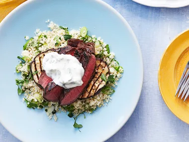 Steak with eggplant, couscous and cumin yoghurt