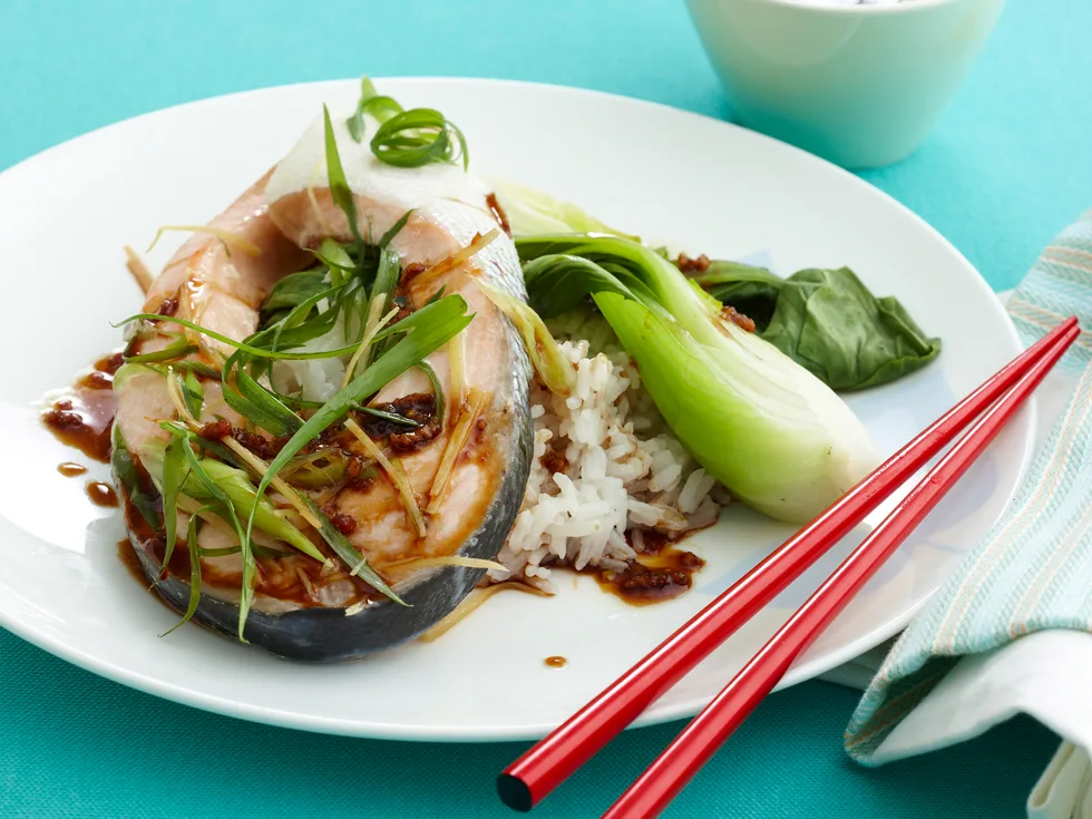 Steamed fish, vegetable and rice