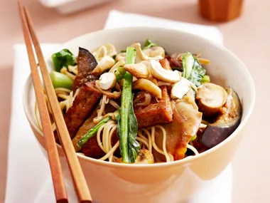 Stir-fried eggplant, tofu and mushrooms