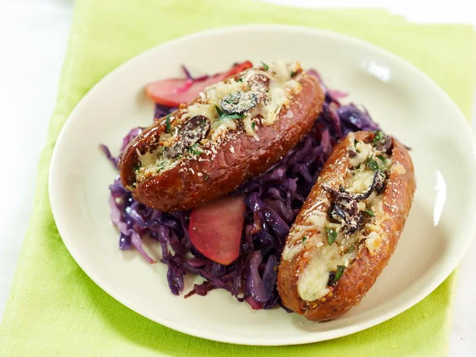 stuffed sausages with garlic mash