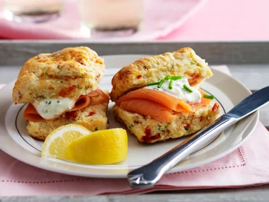 Sun-dried tomato scones with salmon and creme fraiche