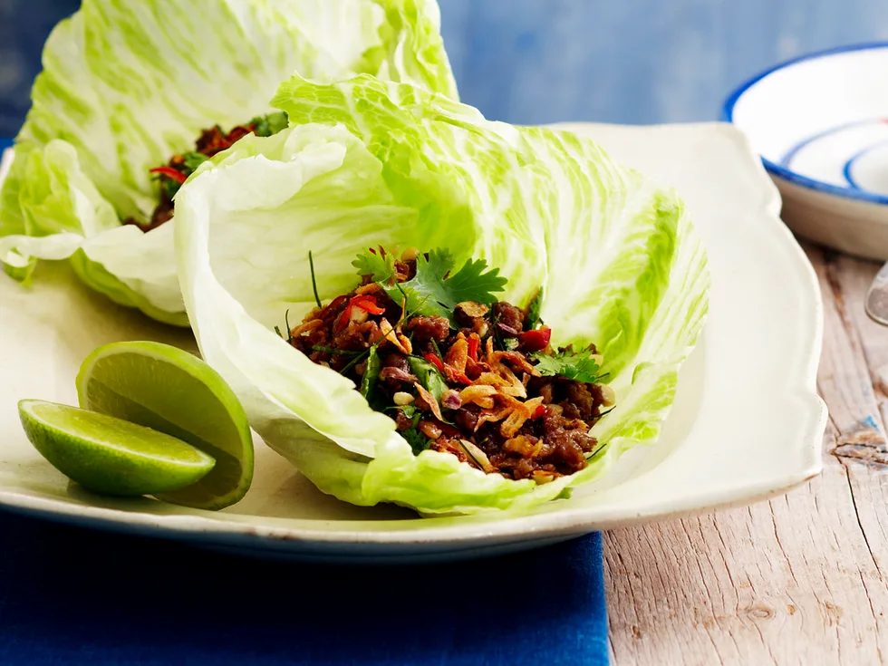 sweet chilli pork in lettuce cups