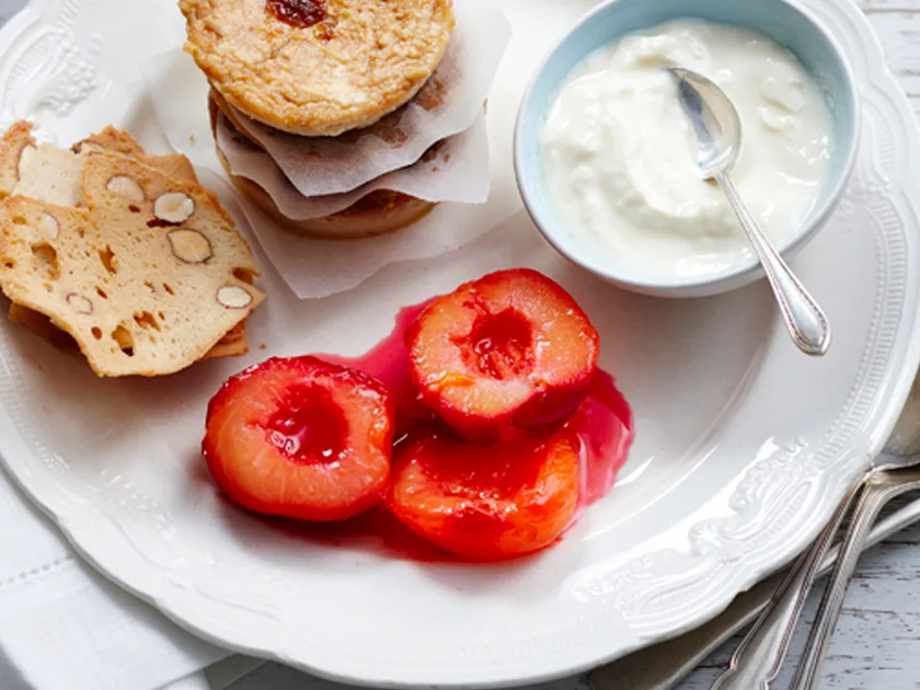 Sweet ricotta with poached plums