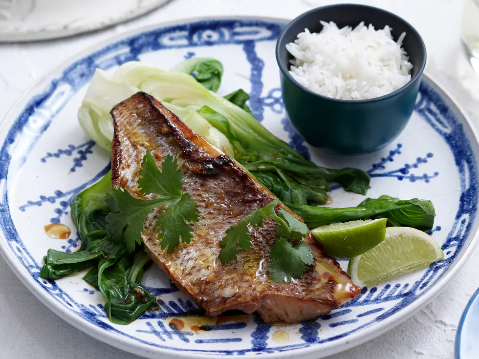 Wasabi snapper with steamed asian greens