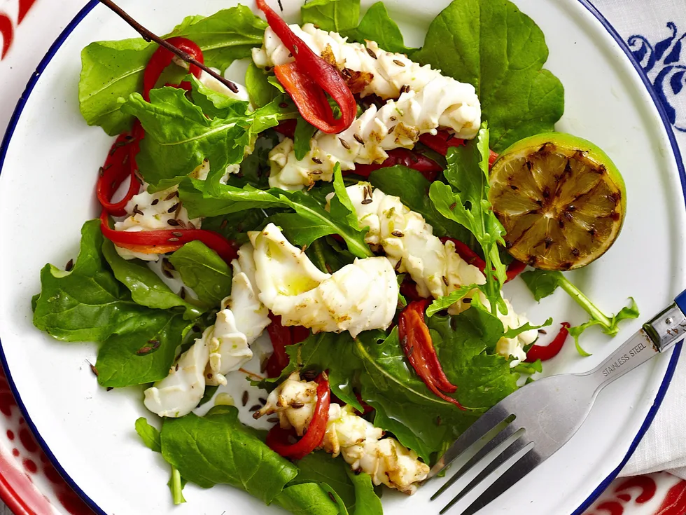 Barbecued squid, lime and chilli salad