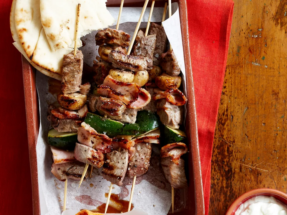 Beef and bacon skewers