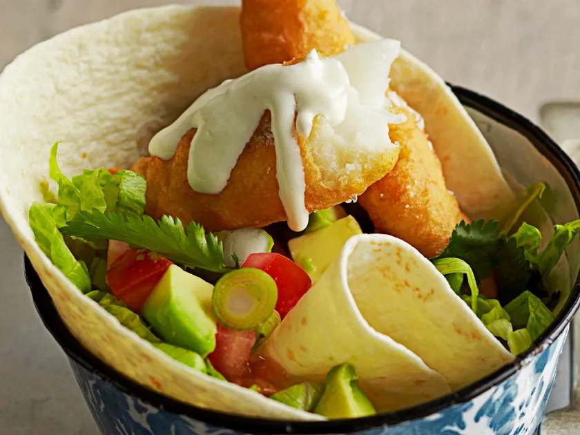Beer-battered fish tortillas