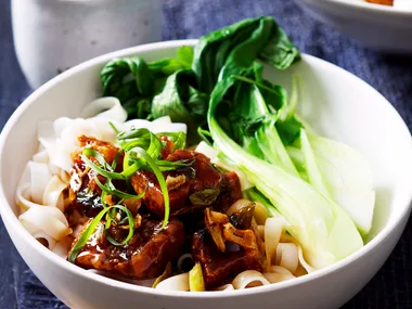 Caramel pork with Asian greens
