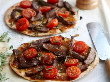 Caramelised onion and beef pizzas