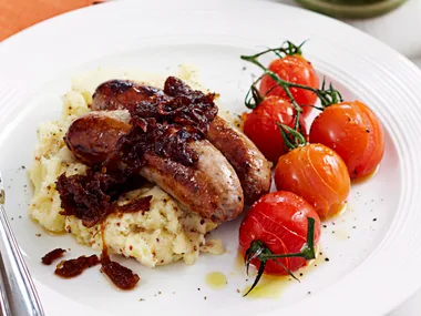 Caramelised onion bangers and mustard mash
