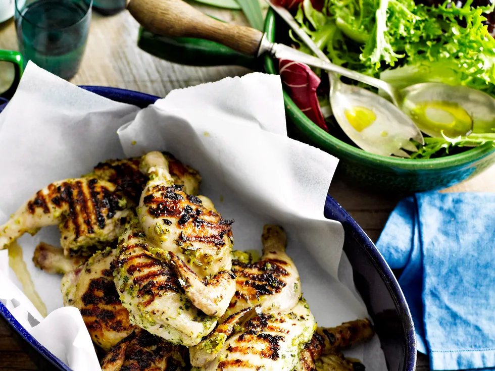 Char-grilled and herbed spatchcocks