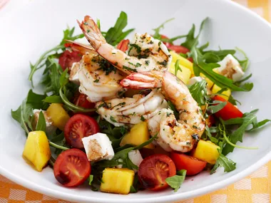 Char-grilled prawn, mango and feta salad
