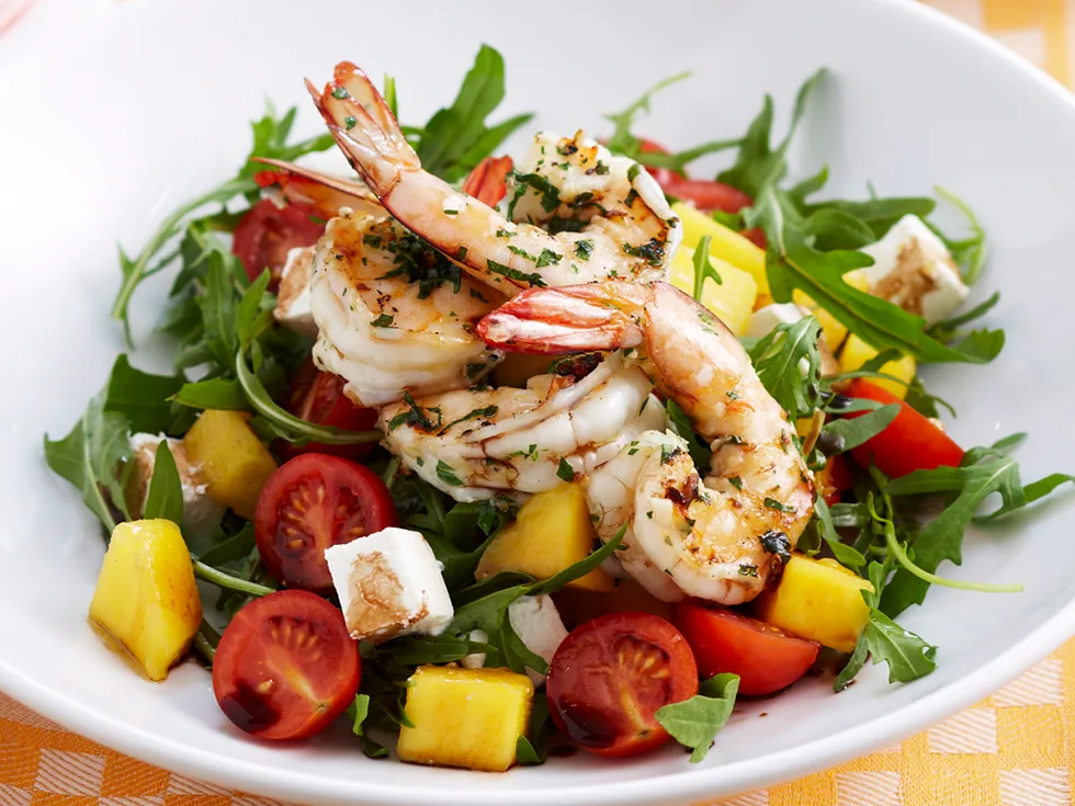 Char-grilled prawn, mango and feta salad