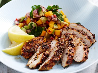 Charred chilli chicken and papaya salsa