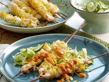 Chicken noodle satay skewers