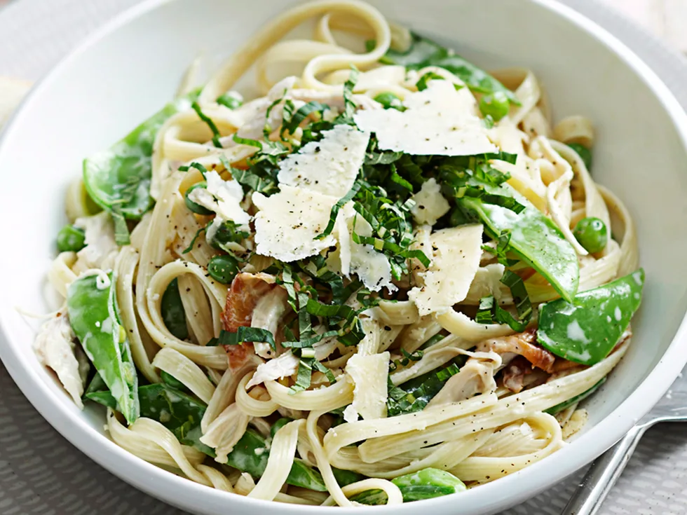Chicken, pea and mint fettuccine