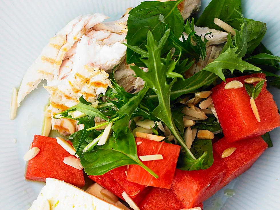 Chicken, watermelon and basil salad