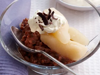 Chocolate risotto and poached ginger pears