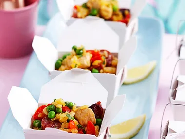 Chorizo and chicken paella boxes
