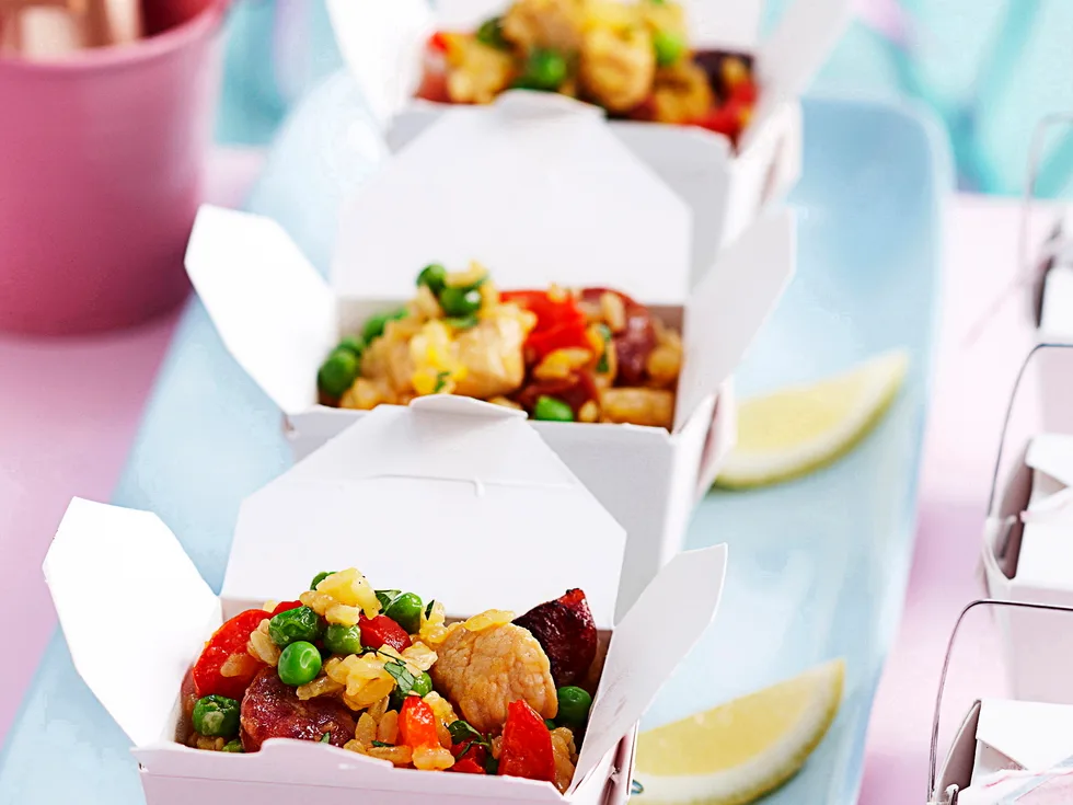Chorizo and chicken paella boxes