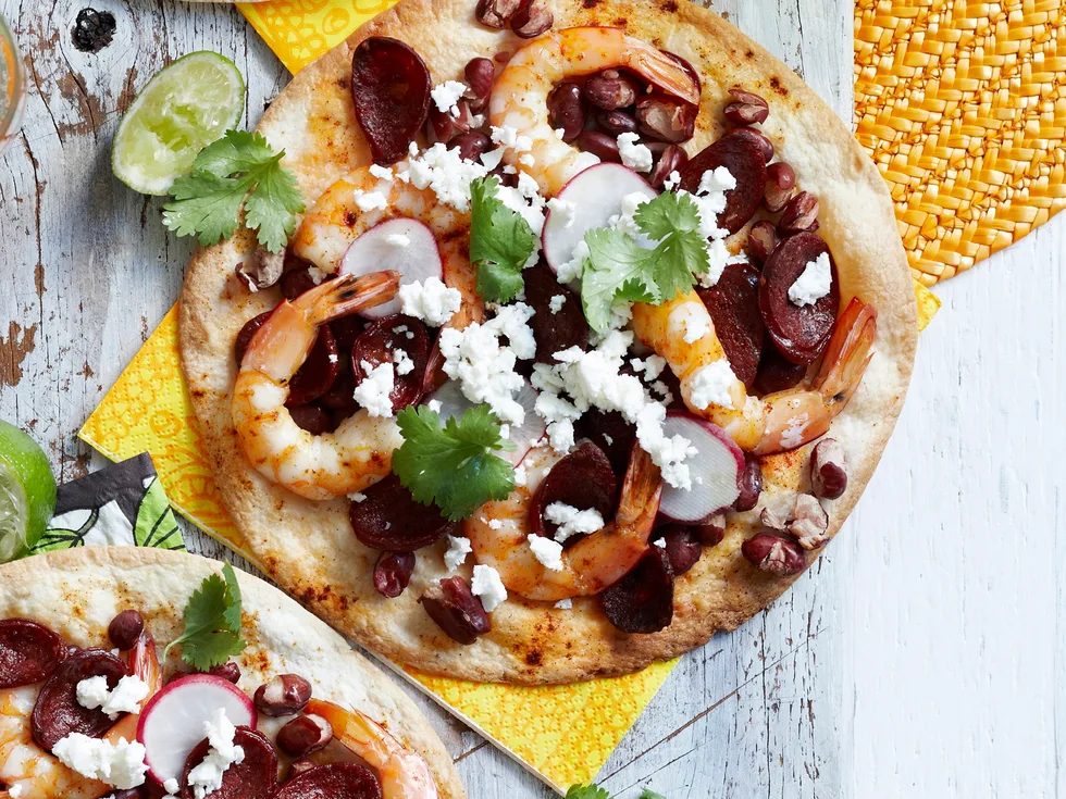 Chorizo, prawn and feta tortillas