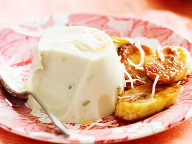 Coconut lime jelly with caramelised bananas