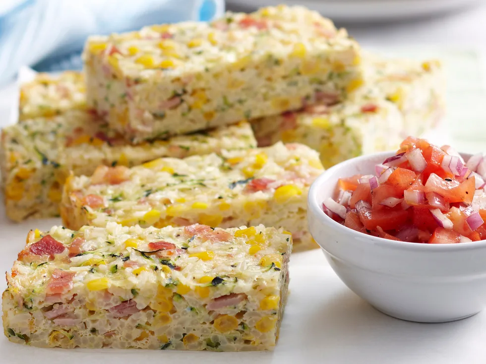 Corn, bacon and zucchini rice slice